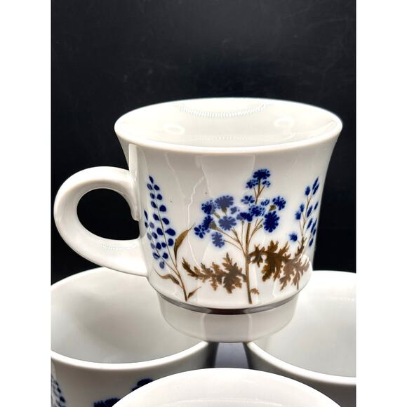 Noritake Winsome Mugs Set of Four Stoneware Blue Brown Wildflower Design Vintage - Picture 1 of 6